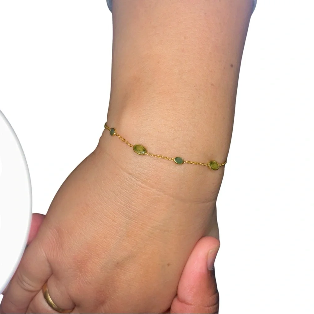 925 Silver 18K Gold Plated Peridot & Emerald Bracelet 8” Adjustable 7”